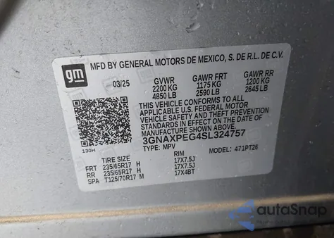 2025 Chevrolet Equinox Awd Lt z USA, uszkodzony, nr VIN 3GNAXPEG4SL324757